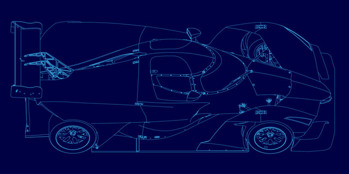 A sleek race car blueprint features detailed contours and aerodynamic lines on a vibrant blue background. The technical drawing highlights the car's sporty design with precision.