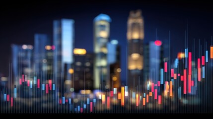 Urban stock market trends city skyline financial data visualization nighttime aerial view economic insights