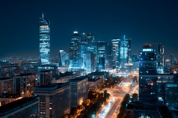 A panoramic view of the city skyline at night, illuminated by lights from skyscrapers and buildings, showcasing urban architecture against the dark blue sky.