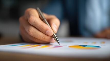 Analyzing the Report: A hand, holding a silver pen, meticulously examines a vibrant analytical report filled with colorful charts and graphs, symbolizing insight and data analysis.