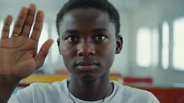 A young Black person making a solemn pledge with a raised hand, looking directly at the camera. A concept of commitment and identity.
