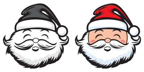 Cute Christmas card with Santa Claus face. Front view. Vector isolated Santa Claus, Father Christmas, Saint Nicolas face portrait stencil colorless black and white outline. Santa Claus head icon
