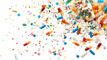 Assorted pills on black on transparent backgroud