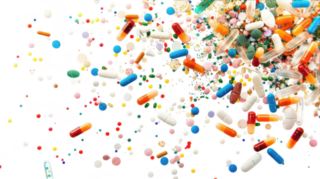 Assorted pills on black on transparent backgroud