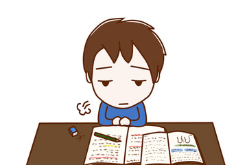 （上半身正面）勉強のやる気がなくなってため息をつきぼんやりする少年