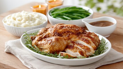 Plate of chicken with gravy and a side of mashed potatoes and green beans.