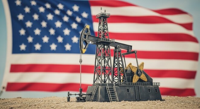 Oil pump jack miniature with a large US flag in the background, symbolizing American energy independence, oil industry, and national resources. - Powered by Adobe