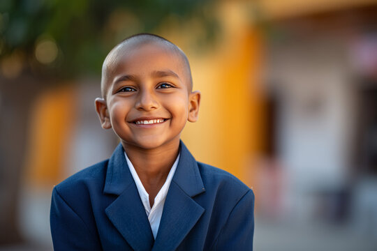 Indian boy with glowing brown skin and crew cut hair, smiling excitedly, wearing a blue school jacket and white shirt.