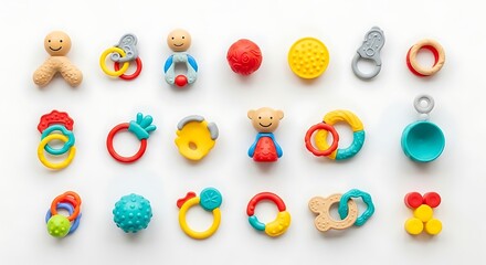 A colorful flatlay collection of baby toys, rattles, and teethers on a white background.