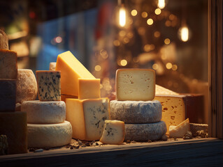 Large chunks of cheese sit on display at a supermarket or farmers market