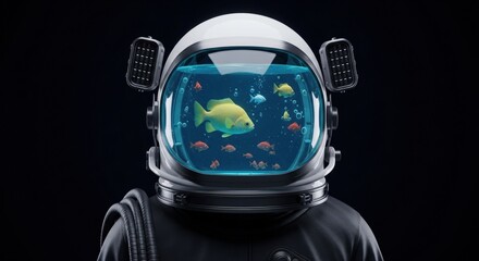 Humanoid astronaut with a fishbowl helmet containing fish, symbolizing isolation, the absurd, and surreal aquatic life in space.