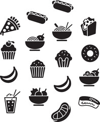 Fototapeta premium A diverse set of black food icons in a simple glyph style featuring fast food desserts fruit and meals