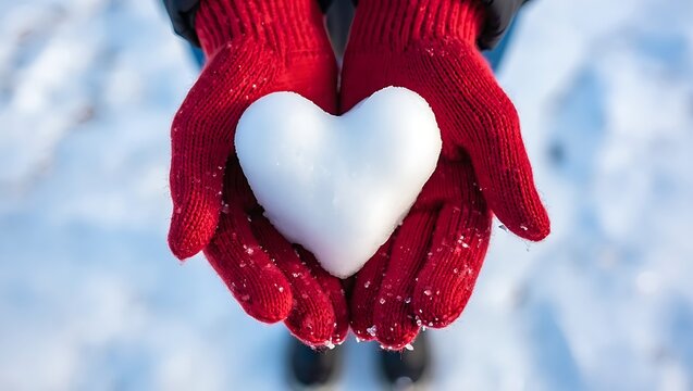 Photo of a pair of red gloved hands holding a heart shaped snowball, symbolizing love and warmth in the cold winter season, creating a festive and romantic scene