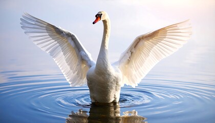 Majestic white swan with wings outstretched on calm water, reflecting light