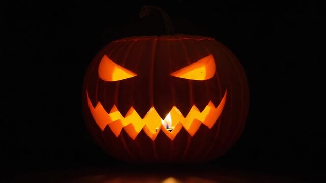 Glowing jack o lantern smiles wickedly bright orange light shining from carved eyes and toothy grin against solid dark backdrop