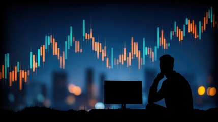 Market analysis action financial sector digital visualization urban setting nighttime view economic trends