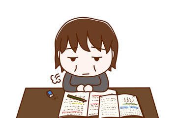 （上半身正面）勉強のやる気がなくなってため息をつきぼんやりする太った女性