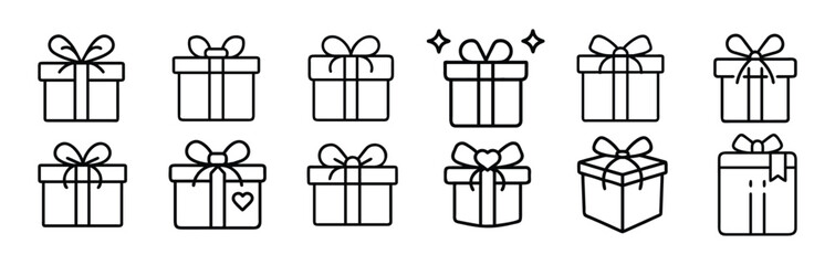  A collection of 12 minimalist black-and-white gift box line icons, featuring various ribbon styles, heart and sparkle elements, perfect for celebration, event, or e-commerce design.