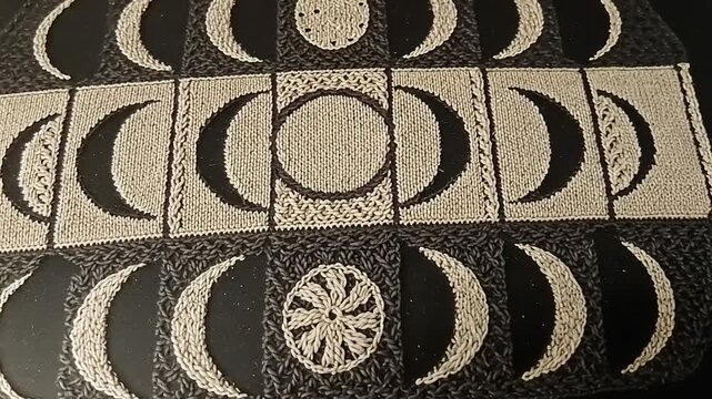 Intricate textile design featuring lunar phases arranged in an artistic pattern