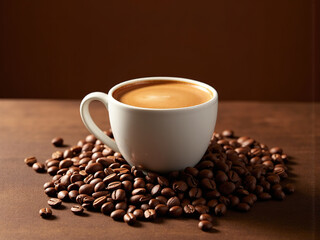 Fototapeta premium Sunlit Coffee Cup with Roasted Beans on Rustic Wooden Table