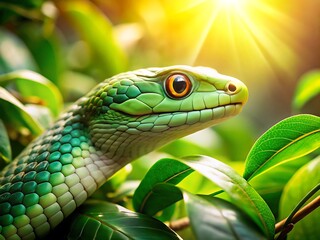 Fototapeta premium A vibrant green snake with intricate scales rests among lush leaves, basking in the warm sunlight