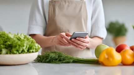 Woman is holding a cell phone in front of a bowl of vegetables.