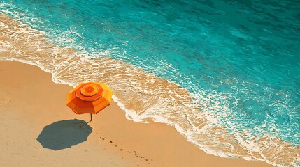 Obraz premium A Serene Beach Scene with a Vibrant Orange Umbrella