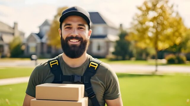 Smiling delivery man with beard holding packages outdoors, delivering online shopping, courier, e-commerce, fast shipping, supply chain, customer service, small business.