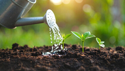 Watering young green plant in garden with metal watering can