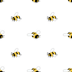 Seamless pattern with bees on white background. Small wasp. Vector illustration. Adorable cartoon character. Template design for invitation, cards, textile, fabric. Doodle style