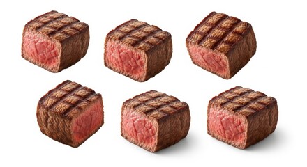 Obraz premium Six perfectly grilled beef steaks, showcasing their juicy texture and grill marks, isolated on white background