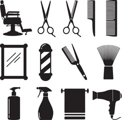A collection of black silhouette icons representing barbershop tools and equipment including a chair scissors combs and a hairdryer in a clean vector style