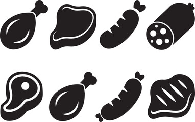 Collection of black silhouette meat icons chicken leg steak sausage and salami