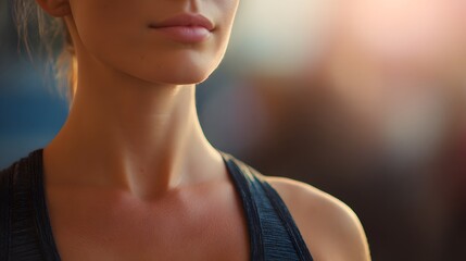 Close-up portrait of a beautiful young woman in sportswear. Cropped image of young sportswoman. faceless, selective focus.