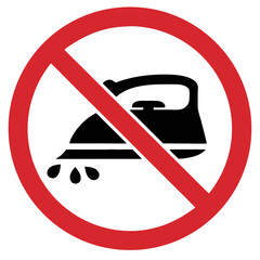 Prohibition sign against using an iron near water with black iron icon on white background