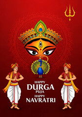 Durga Puja Navratri festival greeting with peacock and devotees