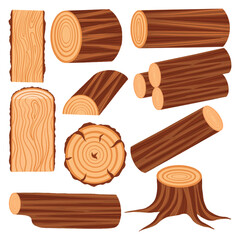 Wooden pieces flat vector.  Wood industry raw materials lumberjack. Realistic production samples collection. Tree trunk, logs, sticks, trunk, woodwork planks, stumps, lumber branch, twigs cartoon