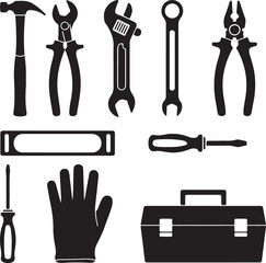 Set of black silhouette hand tools for repair work including a hammer pliers wrench and toolbox