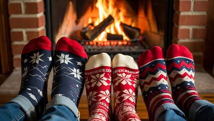 Photo of cozy winter scene with feet in christmas socks in front of a warm fireplace, creating a relaxing and festive atmosphere at home during the holiday season