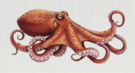 Watercolor Painting of a Red Octopus on White Background