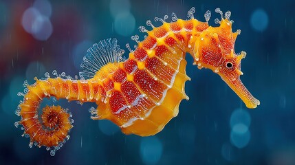 Striking orange seahorse with translucent fins against a bokeh blue backdrop