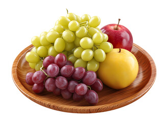 Colorful and delicious fresh fruit platter arranged on wooden plate isolated on a transparent background