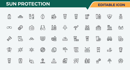 Set of Sun Protection line icon. Contains outline symbols like ray, skin, sunlight, protection, protect, summer. Minimal linear icons. Sunscreen icon. Editable vector illustration.