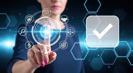 Person touching a futuristic interface with icons representing business, technology, and legal concepts, signifying digital transformation and progress