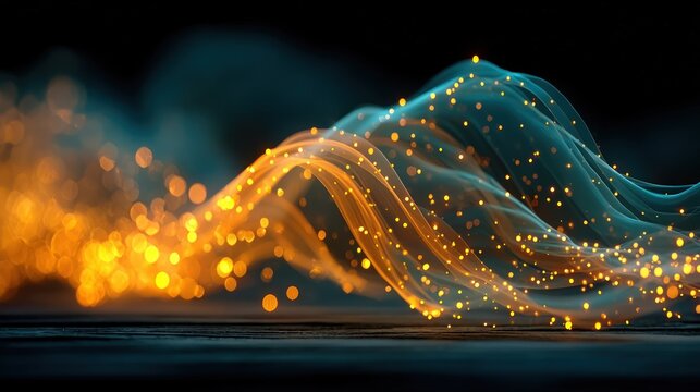 Abstract flowing wave of light with bokeh, orange and teal on dark surface - Powered by Adobe