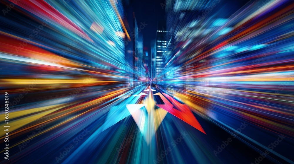 Poster glowing arrows moving at high speed on digital abstract background, symbolizing fast data transfer, 