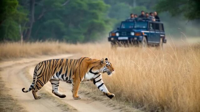 bengal tiger walking on safari trail bandhavgarh india video