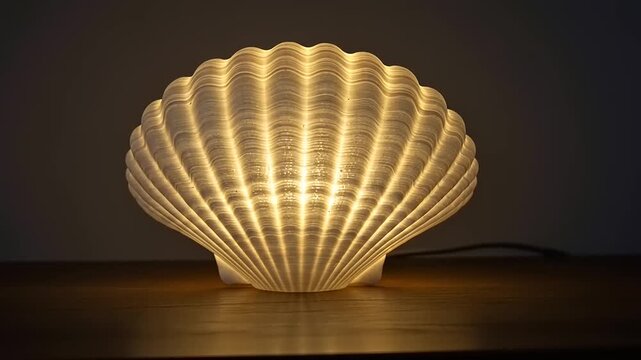 Illuminated shell-shaped lamp casting warm light on a wooden surface in a dimly lit room