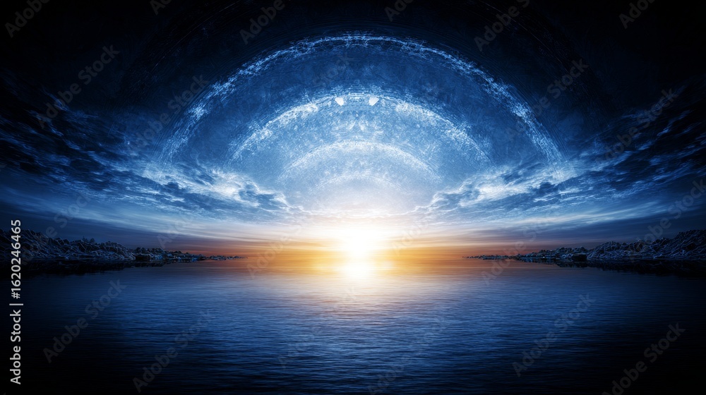 Poster abstract modern technology background with glowing white fractal horizon lines and futuristic light 