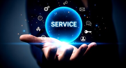Hand holding glowing blue orb with service icons and light rays on dark background image